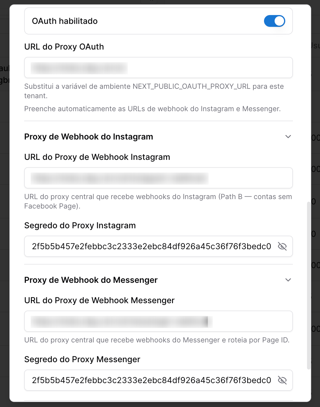HeroLead - tela de configuração do Tenant - oauth instagram e facebook messenger