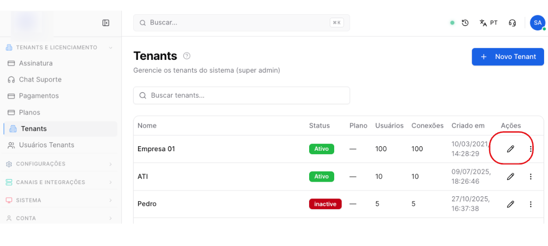 HeroLead - tela de gestão de Tenants - como editar tenant