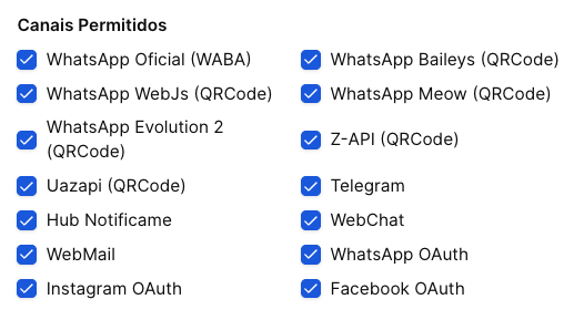 HeroLead - tela de configuração do Tenant - canais liberados